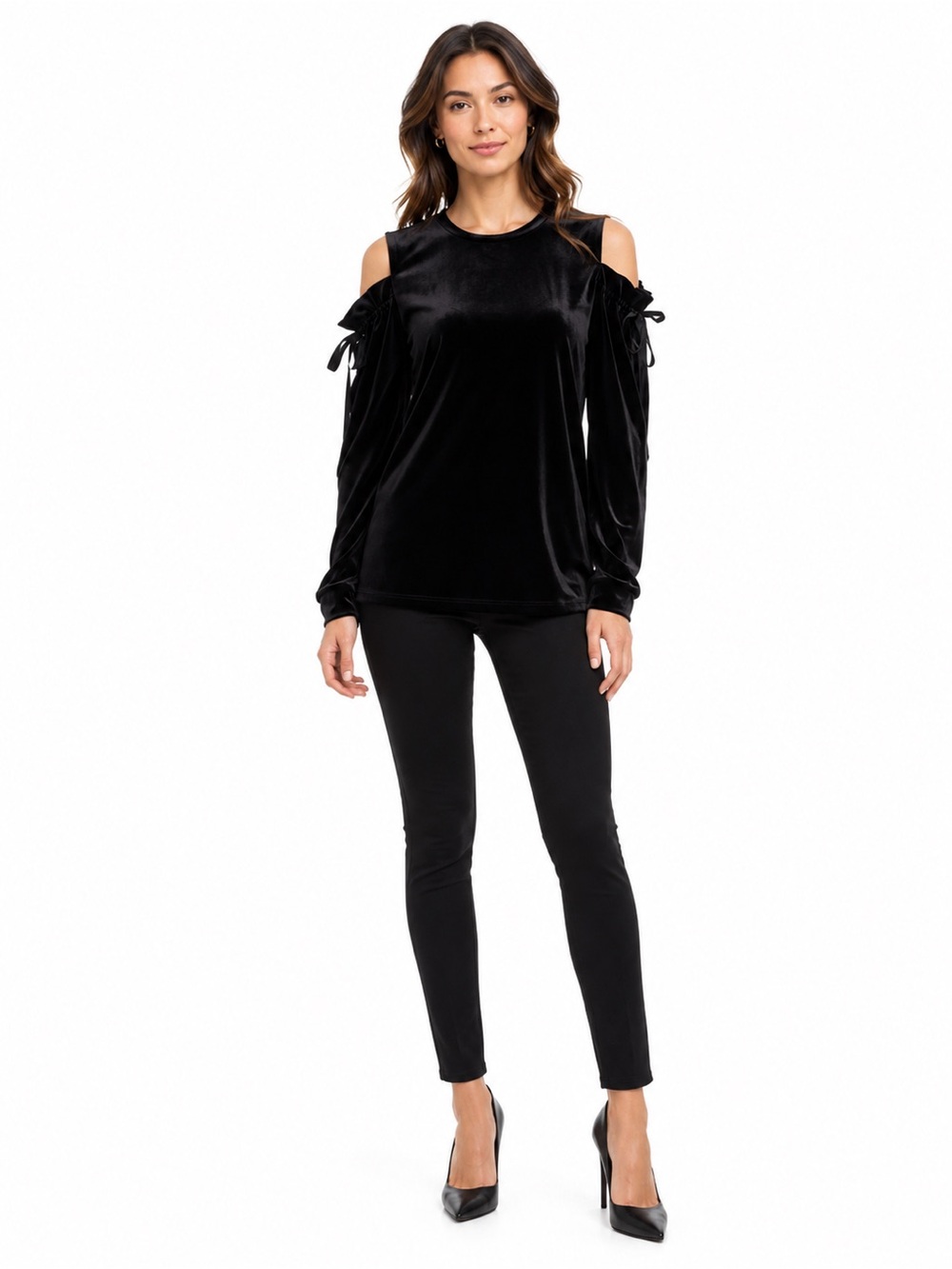 SAMANTHA DRU Ruffle Velvet Cold Open Shoulder Tie Bow Sweatshirt Top